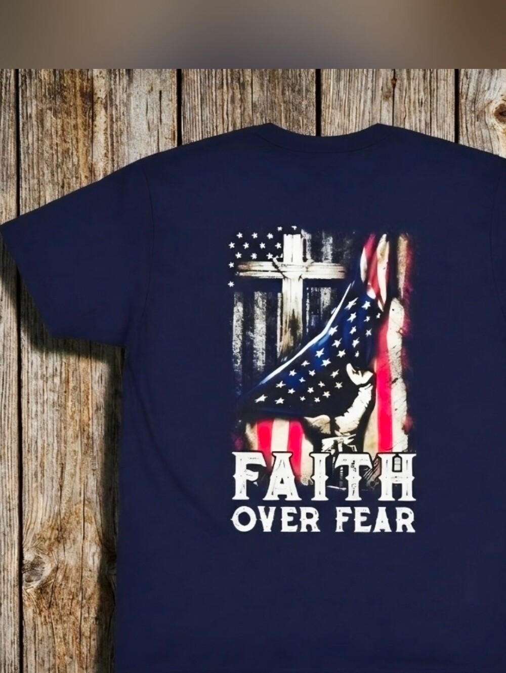 Faith Over Fear Christian Patriotic Tee • American Flag Cross Shirt • - Picture 10 of 15